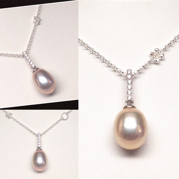 JELLY BEAN Genuine Freshwater Pearl Pendant with cubic zirconia accents