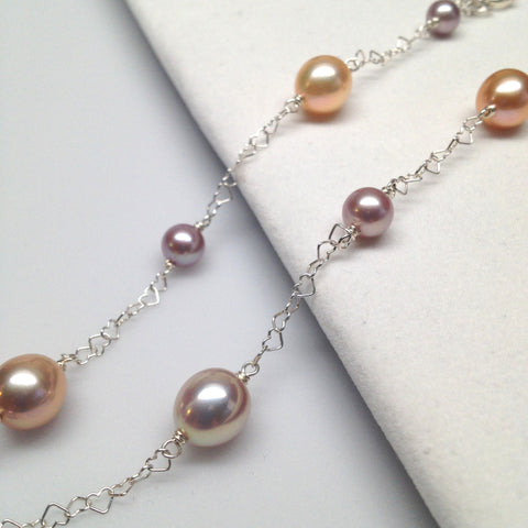 DESIGNER 38"-40" Multi-Color Metallic Freshwater Pearl Interlocking Heart Necklace