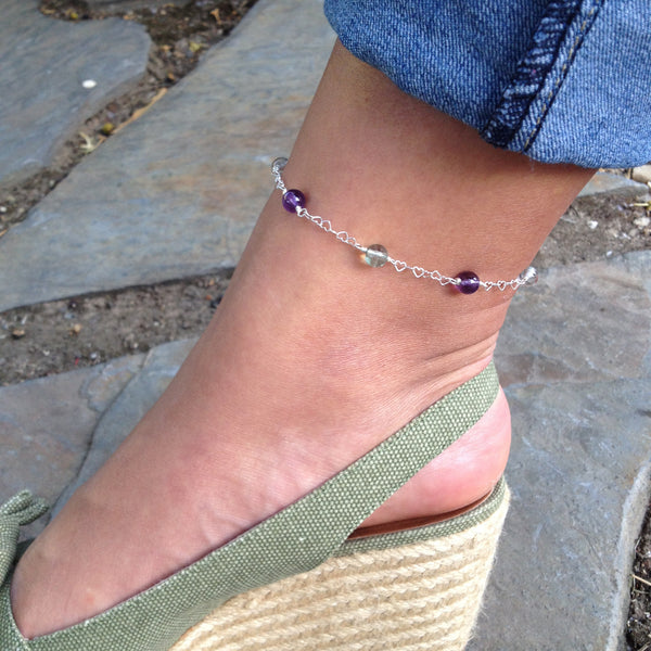 CLASSIC Fluorite & African Amethyst Interlocking Heart Anklet