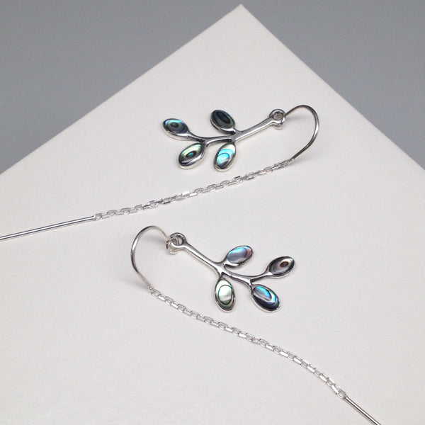 Abalone Shell Leaf Vine Sterling Silver Ear Threads