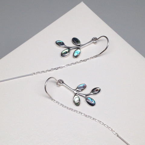 Abalone Shell Leaf Vine Sterling Silver Ear Threads
