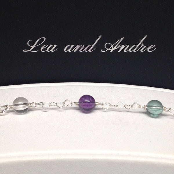 CLASSIC 7-Stone Amethyst/Green Fluorite/Clear Rock Crystal Interlocking Heart Bracelet