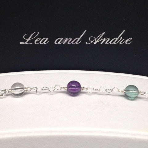 CLASSIC 7-Stone Amethyst/Green Fluorite/Clear Rock Crystal Interlocking Heart Bracelet