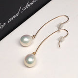 9x10mm Lustrous White Freshwater Pearl Long Dangle Earrings, Gold-Filled