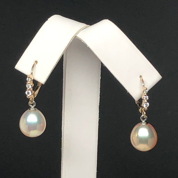 DESIGNER 9.5-10mm Metallic Peach/White Freshwater Pearl Drop Diamond Earrings, 14K Gold
