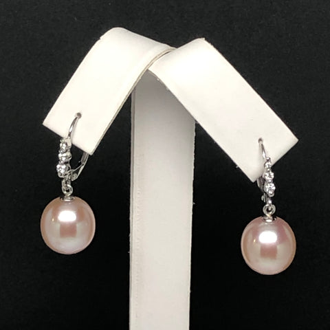 DESIGNER 11.5x12mm Pink/Peach Freshwater Pearl Drop Earrings w/ Diamonds, 14K White Gold